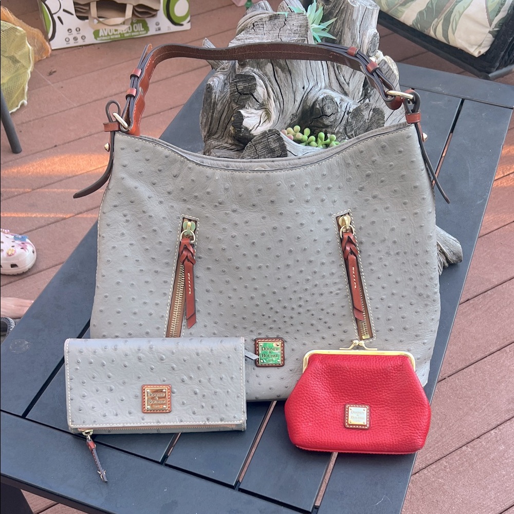 Dooney & Bourke Cooper Ostrich Gray and Red Hobo Bag Set